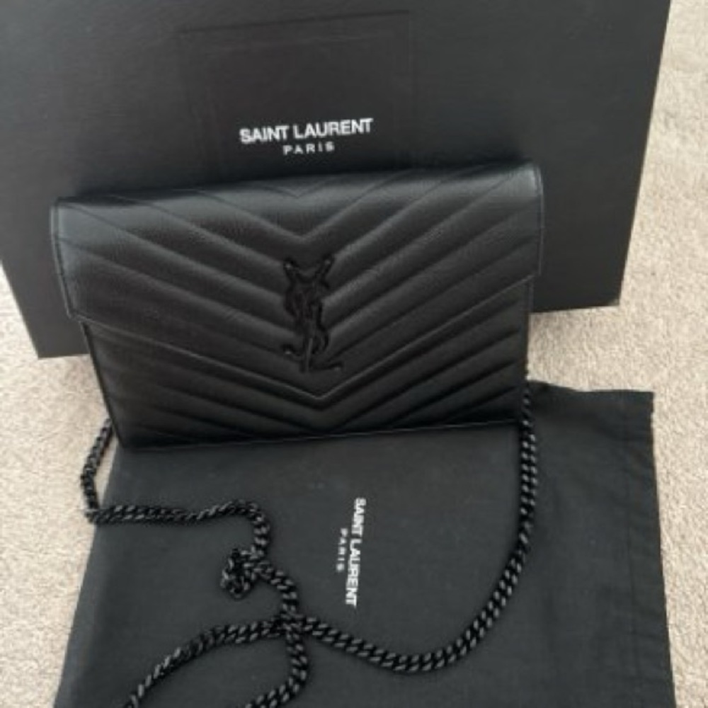 Saint Laurent Black Chevron Leather Chain Bag